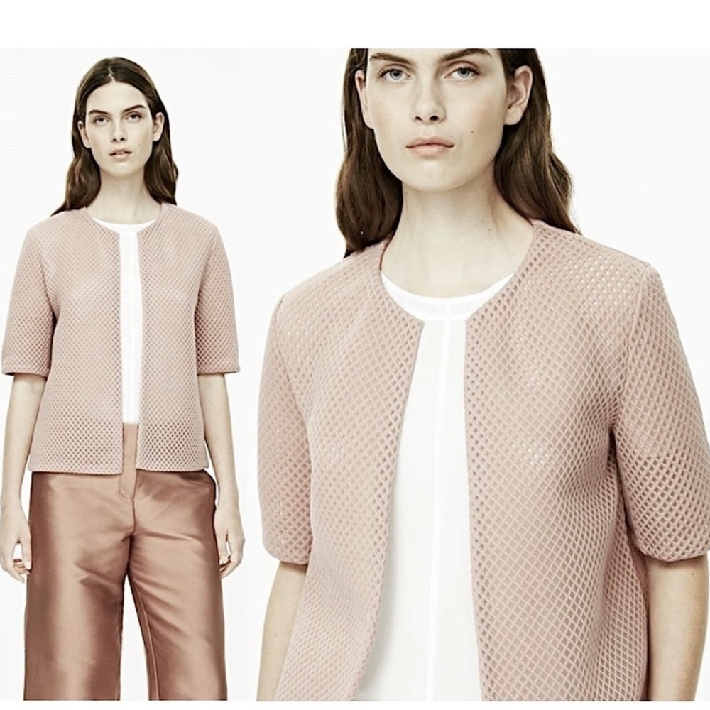 COS Beige Short Sleeve Blazer Boxy Open Front Mesh Lattice Weave Crop Jacket S